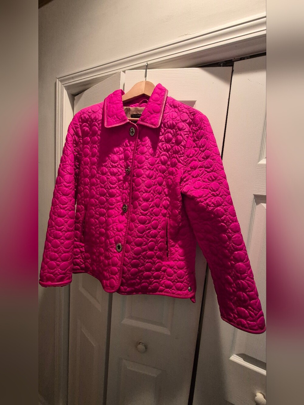 Coach Pink Nylon Puffer Jacket with Tan Lining